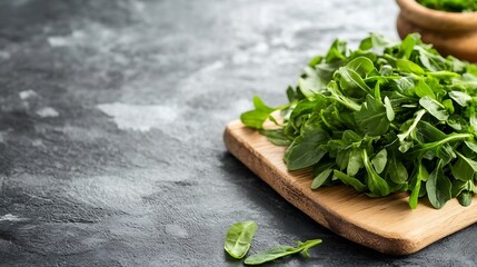 Aufkleber - Fresh organic arugula leaves on a wooden cutting board ready for cooking : Generative AI