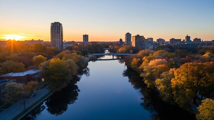 Aufkleber - colorful autumn skyline by the riverside at sunset capturing city beauty and nature : generative ai