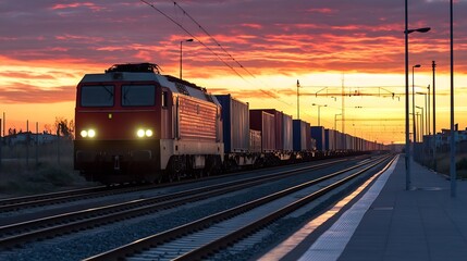 Poster - Freight Train Traveling Through Scenic Landscape Under Stunning Sunset Sky : Generative AI