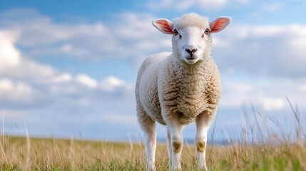 Aufkleber - Adorable sheep standing in a lush green field with a bright blue sky in the background : Generative AI