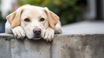 Poster - Close-up of Relaxed Yellow Labrador Dog Resting with Sweet Expression : Generative AI