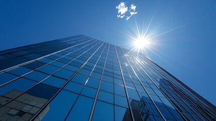 Aufkleber - Bright sun shining over modern glass building in a clear blue sky : Generative AI