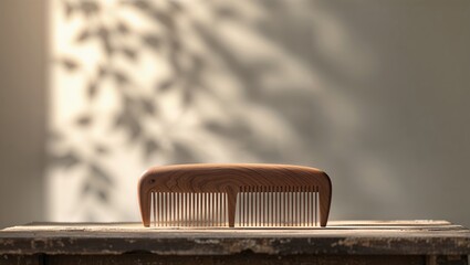 Poster - wooden comb rests on a rustic table with soft sunlight illuminating the background shadows