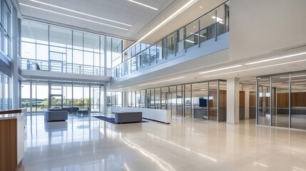Poster - Spacious and Well Lit Office Space Featuring Large Windows and Modern Furniture in Corporate Environment : Generative AI