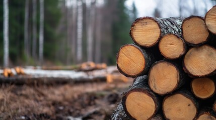 Aufkleber - Stacked Logs in a Quiet Forest Setting as Nature Prepares for Change with Seasonal Transition : Generative AI
