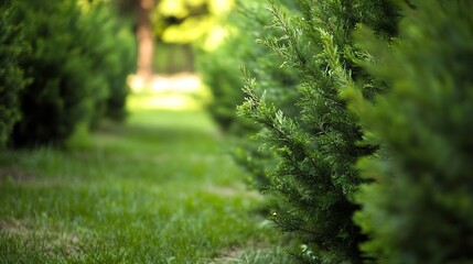 Poster - Lush Green Pathway Between Rows of Cedar Trees in Sunny Weather : Generative AI