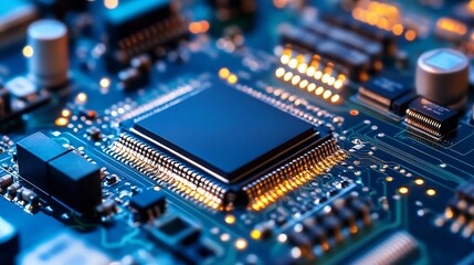 Leinwandbilder - Close up of a modern circuit board with electronic components and lights : Generative AI