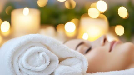 Poster - Woman at Spa with Rolled Towels and Soft Candlelight for Relaxation : Generative AI