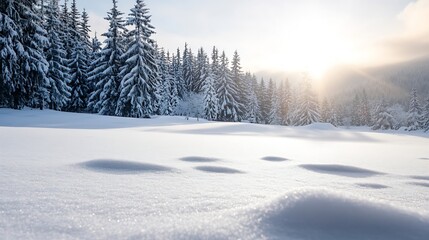 Poster - Serene winter landscape with fresh snow and tall pine trees illuminated by soft sunlight : Generative AI