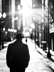 Aufkleber - Silhouette of a man walking through a sunlit urban street setting with dramatic lighting effects : Generative AI