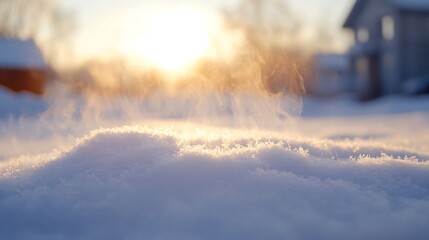 Poster - Golden Sunrise Over Snow Covered Ground With Steam Rising Beauty of Winter Nature : Generative AI