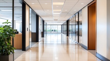 Poster - Modern Office Corridor Interior Design with Glass Walls and Natural Light : Generative AI