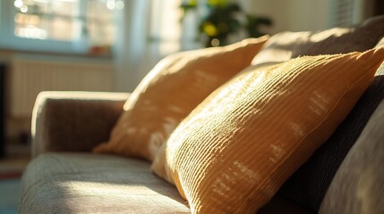 Aufkleber - Close-up of fluffy yellow pillows on a cozy couch in warm living room light : Generative AI