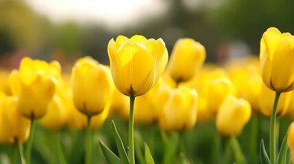 Poster - Bright and cheerful field of yellow tulips blooming under a soft spring sun creating a delightful landscape : Generative AI