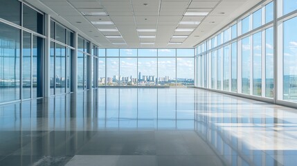 Aufkleber - Modern Office Space with Panoramic City View Bright Sunlight and Open Layout : Generative AI