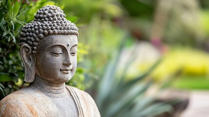 Aufkleber - Peaceful Buddha Statue Surrounded by Lush Greenery for Tranquility and Mindfulness : Generative AI