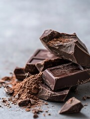 Poster - Close Up of Broken Dark Chocolate with Rich Colorful Cocoa Crumbs on a Surface : Generative AI