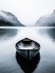 Aufkleber - Mysterious Foggy Lake with a Lonely Boat Creating a Serene and Tranquil Atmosphere : Generative AI