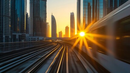 Poster - Sunset over a modern urban skyline with train speeding through scenic view capturing vibrant city life : Generative AI