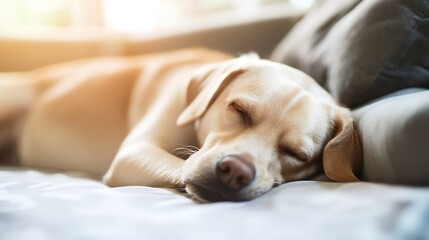 Poster - Adorable Sleeping Dog Relaxing Peacefully on Sofa Bathed in Warm Sunlight Inside Cozy Living Space : Generative AI