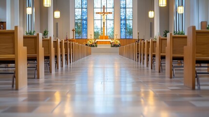 Aufkleber - Stunning interior view of a church with beautiful stained glass and serene environment for spiritual reflections : Generative AI