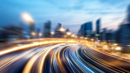 Poster - Dynamic Urban Night Scene with Blurred Light Trails from Moving Traffic in a Futuristic City : Generative AI