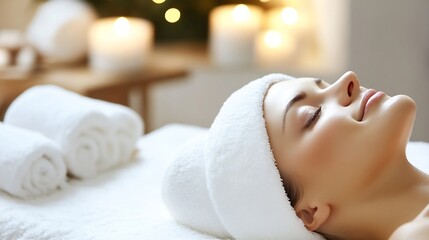 Aufkleber - Beautiful woman enjoying a relaxing spa treatment with soft candles : Generative AI