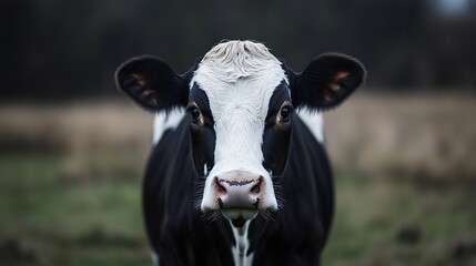 Poster - Stunning close up of a black and white cow standing on a green pasture with a blurred background : Generative AI