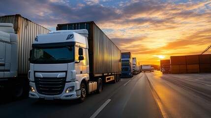 Aufkleber - Freight Trucks Transporting Containers During A Stunning Sunset Over A Highway : Generative AI