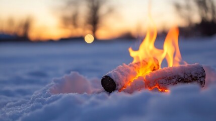 Aufkleber - Realistic Flames from Burning Logs in Snowy Background at Dusk : Generative AI