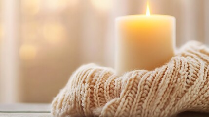 Poster - Cozy candle lit in a knitted setting creating warmth and tranquility for relaxation : Generative AI