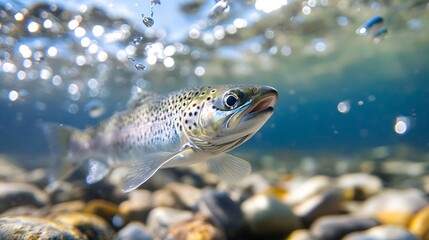 Poster - Graceful Underwater Scene with a Rainbow Trout Swimming Among the Clear Pebbles and Bubbles : Generative AI