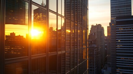Poster - Elegant sunset reflections on skyscraper windows in a bustling cityscape : Generative AI
