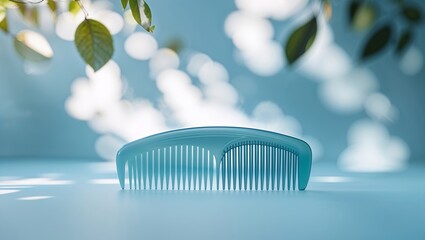 Poster - Plastic comb rests on a smooth surface with soft natural light filtering through leaves and creating a serene atmosphere