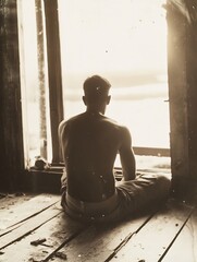 Aufkleber - Solitary Figure Sitting by Open Window Reflecting on Life in Warm Natural Lighting : Generative AI