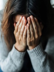 Poster - Close up of a woman covering her face with her hands in distress conveying emotions of sadness and anxiety : Generative AI