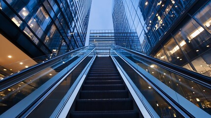 Poster - Stunning perspective of escalators between modern glass buildings in the city at twilight : Generative AI