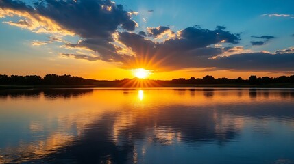 Poster - Vibrant Sunset Over a Calm Lake Reflecting Colorful Clouds and Trees : Generative AI