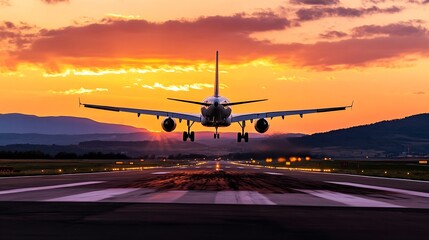 Aufkleber - Commercial airplane taking off against a stunning sunset sky with colorful clouds : Generative AI