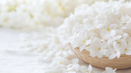 Poster - A closeup of a delicate arrangement of white flowers in a woven basket creating a serene atmosphere : Generative AI