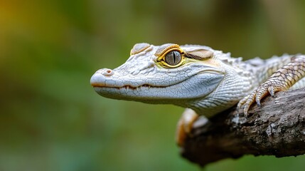 Poster - Closeup of a unique and vibrant crocodile lizard resting on a branch with focused gaze : Generative AI