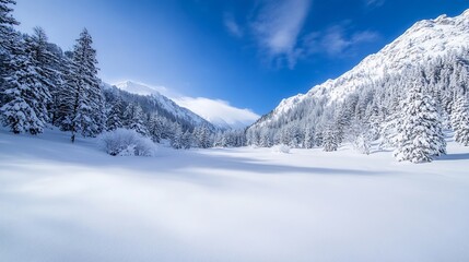 Aufkleber - Stunning winter landscape showcasing a peaceful snowcovered forest under a blue sky and distant mountains : Generative AI