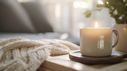 Aufkleber - Cozy Candlelight and Knit Blanket on a Wooden Table Creating a Tranquil Home Atmosphere : Generative AI