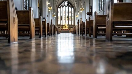 Poster - Interior view of historic church featuring wooden benches and beautiful stained glass windows illuminating the space : Generative AI