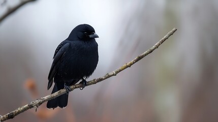 Aufkleber - Elegant Black Bird Perched on a Branch with a Soft Natural Background in Misty Conditions : Generative AI