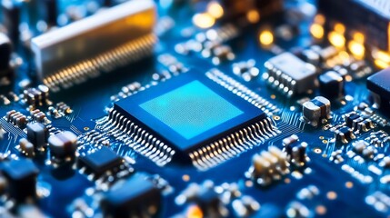 Poster - Close-Up Shot of a Computer Chip on a Circuit Board with Intricate Electronic Components : Generative AI