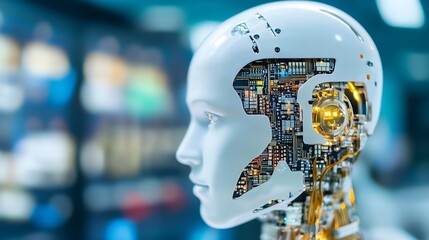 Leinwandbilder - CloseUp View of a Futuristic Robot Head with Intricate Circuit Designs and Advanced Technology : Generative AI