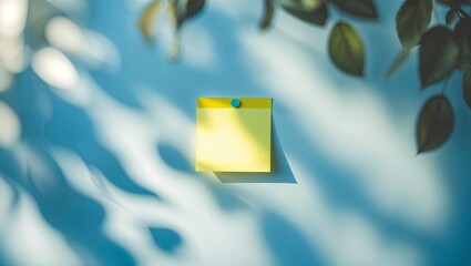 Poster - bright yellow sticky note pinned to blue wall with soft shadows from leaves on a sunny day