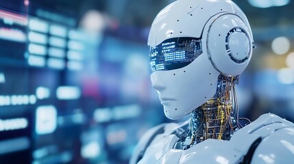 Leinwandbilder - Futuristic close up of a sophisticated humanoid robot with advanced technological displays showcasing artificial intelligence : Generative AI