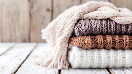 Poster - Cozy arrangement of neatly folded knitted sweaters in warm earthy colors on a rustic wooden background : Generative AI